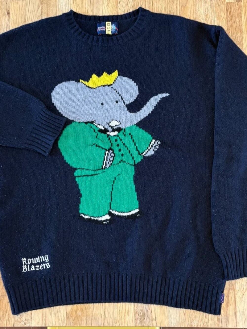 Rowing Blazers x Babar Mens Sweater Navy L-XL Wool Cashmere Elephant Intarsia